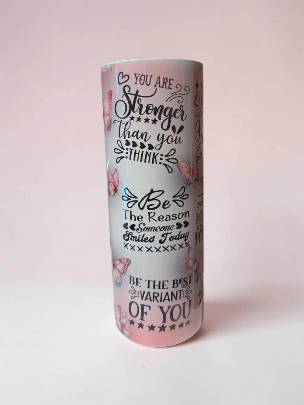 Inspirational Butterfly Skinny Tumbler - Pink & White